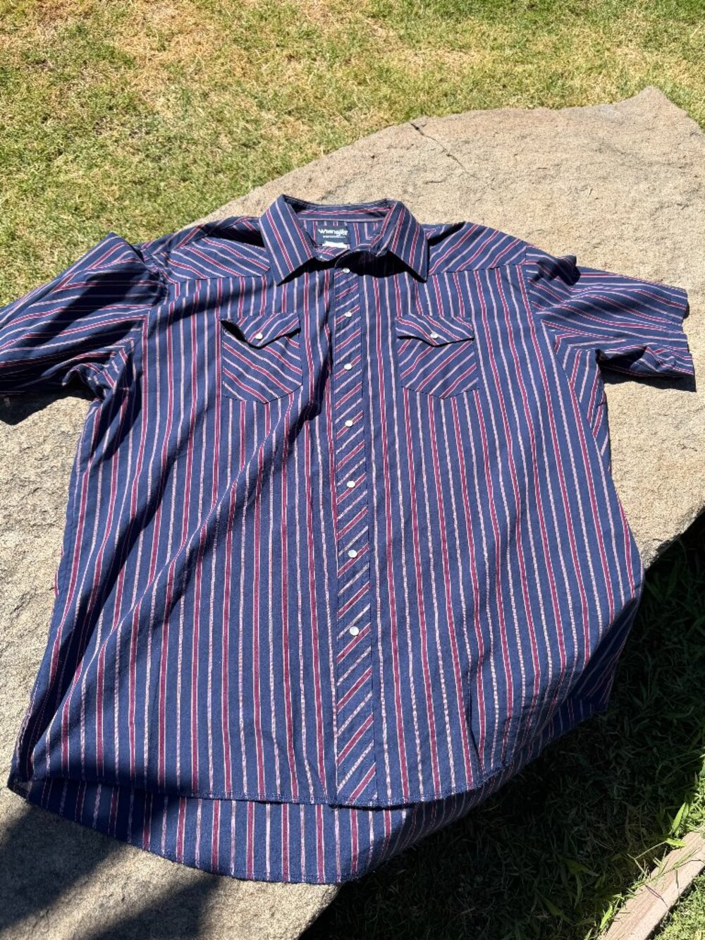 Wrangler Western Pearl Snap Shirt Men's 19 Tall Blue Burgundy Stripe